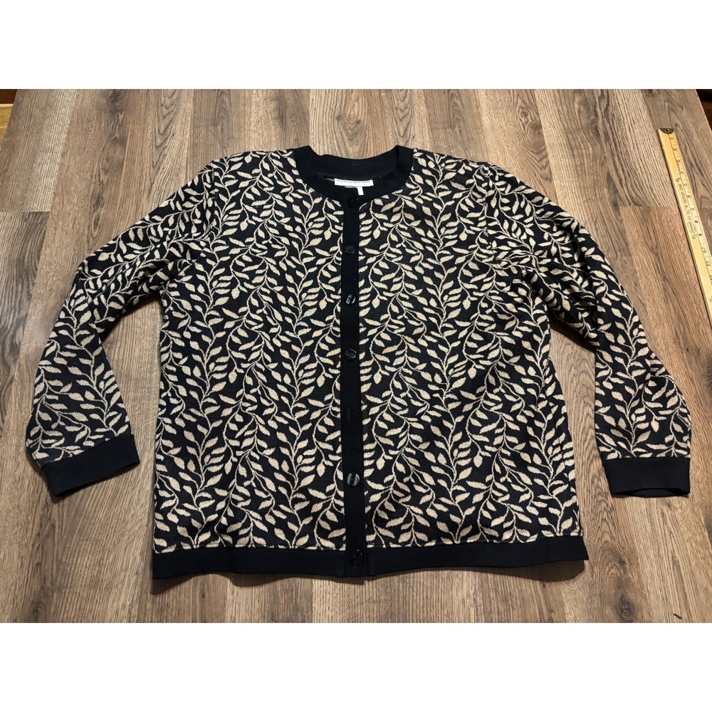 Cathy Daniels Sweater Womens Size Large Black Tan Leaf Print Button Up Cardigan